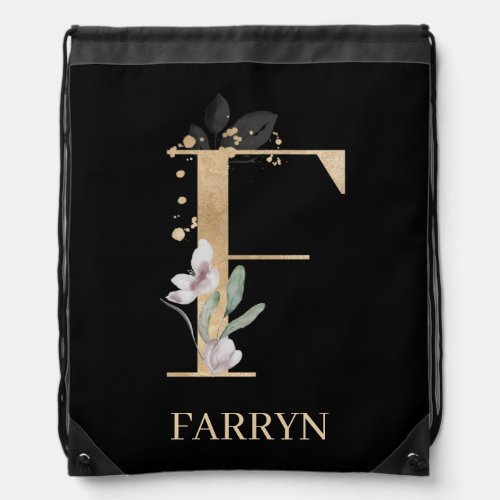 F Monogram Floral Personalized Drawstring Bag
