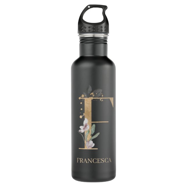F Monogram Floral Personalized Stainless Steel Water Bottle (Front)