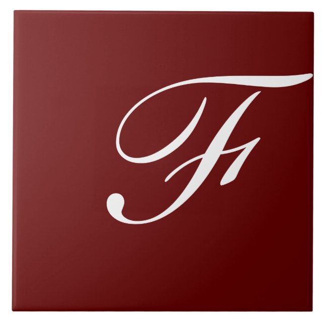 F Monogram Initial White on Maroon Ceramic Tile (Front)