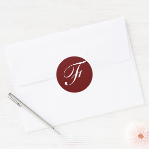 F Monogram Initial White on Maroon Classic Round Sticker