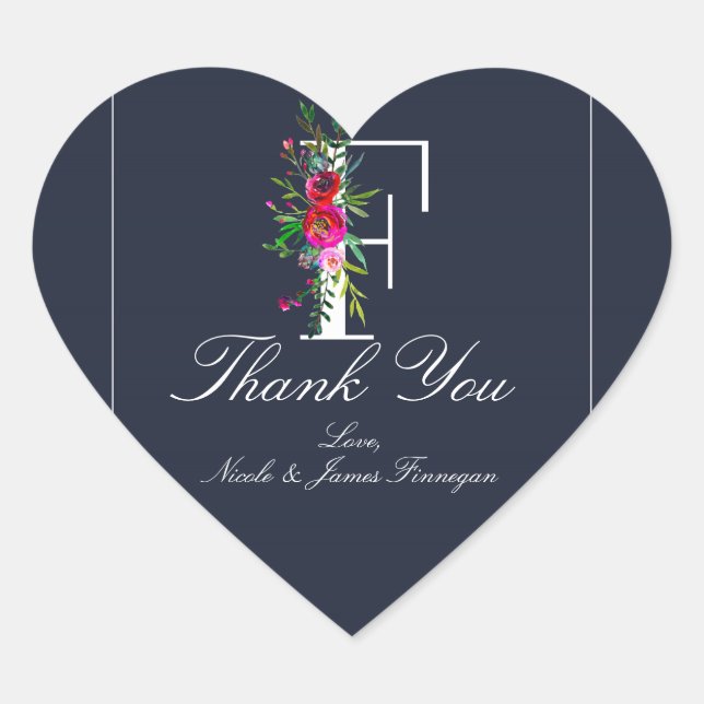 F Monogram Last Initial Modern Blue Floral Wedding Heart Sticker (Front)