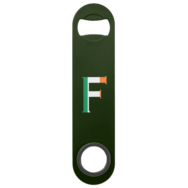 F Monogram overlaid on Irish Flag bocnt Bar Key (Front)