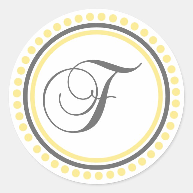 F Monogram (Yellow / Gray Dot Circle) Classic Round Sticker (Front)