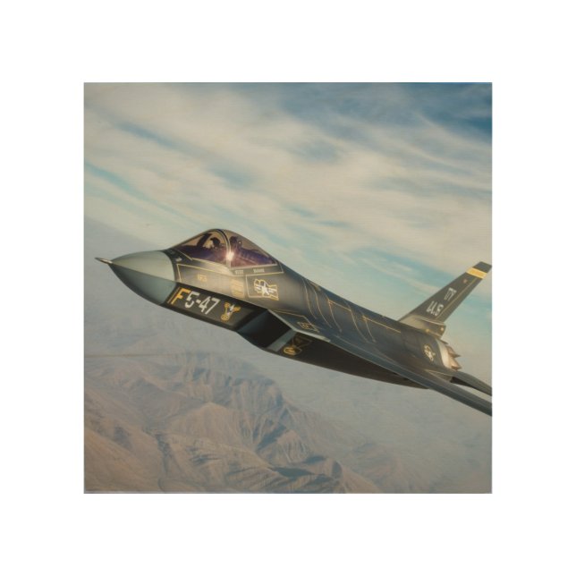 F Stealth Fighter Jet – Futuristic Military Air Wood Wall Art (Front)