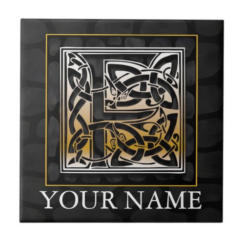 F Your Name Celtic Black Stone Monogram Tile