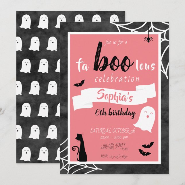 Fa"boo"lous Girls Birthday Ghost Halloween Invitat Invitation (Front/Back)