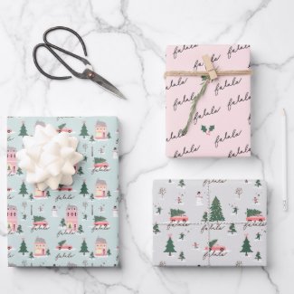 Fa La Home For The Holiday Town & Pink Retro Van Wrapping Paper Sheets