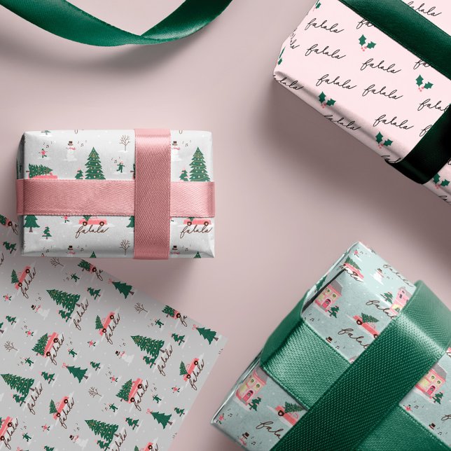 Fa La Home For The Holiday Town & Pink Retro Van Wrapping Paper Sheets (Fa La Home For The Holiday Town & Pink Retro Van Wrapping Paper Sheets)