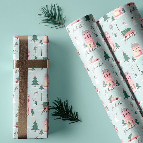 Fa La Home For The Holidays Town  Pink Retro Van Wrapping Paper