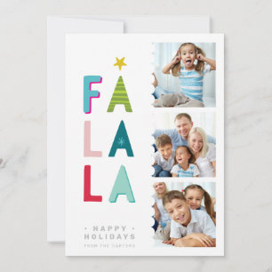 FA LA LA 3 PHOTO festive fun kids bright colorful Holiday Card