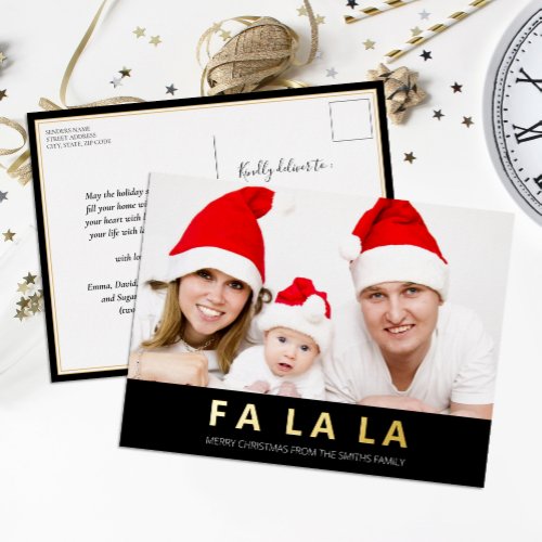 Fa La La Black Gold Modern Christmas Photo Foil Holiday Postcard