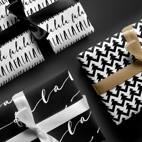FA LA LA Black  White Typographic Christmas Carol Wrapping Paper Sheets