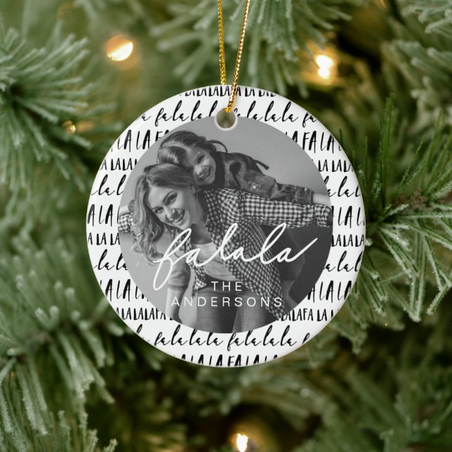 FA LA LA Black & White Typographic Christmas Photo Ceramic Ornament (Tree)