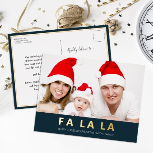 Fa La La Blue Gold Modern Christmas Photo Foil Holiday Postcard