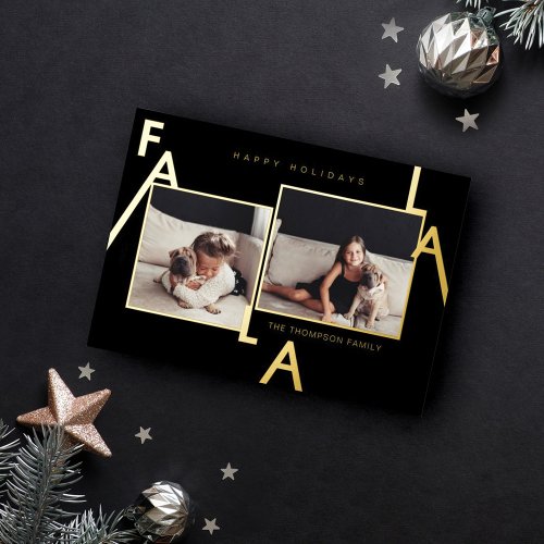 Fa La La Bold Letters Minimalist Modern 2 Photo Foil Holiday Card