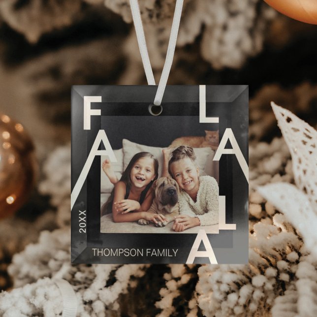 Fa La La Bold Letters Minimalist Modern Photo Glass Ornament (Creator Uploaded)