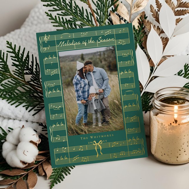 Fa La La Bow Vintage Sheet Music Photo Christmas Foil Holiday Card (Fa La La Bow Vintage Sheet Music Photo Christmas Foil Holiday Card)