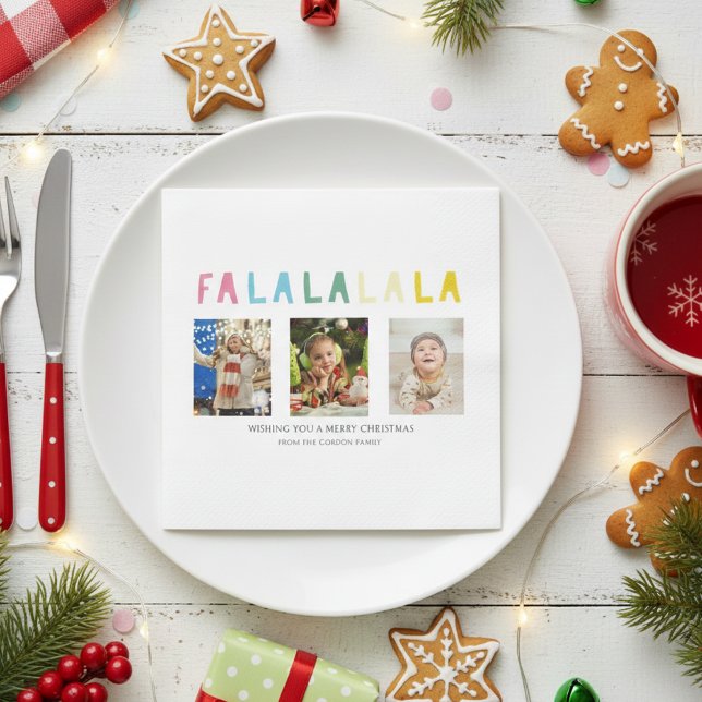 Fa La La Christmas 3 Photo Collage Cute Pastel Napkins (Creator Uploaded)