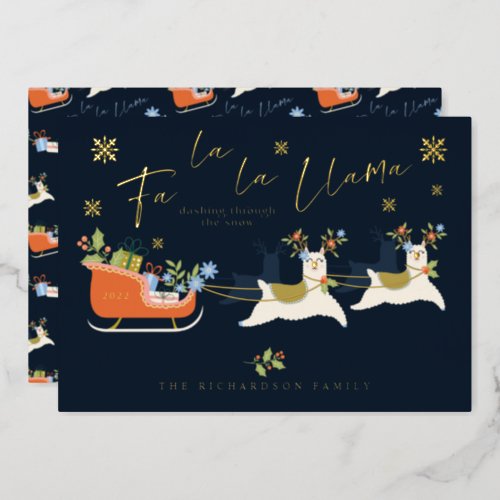 Fa La La Christmas Llama Reindeers  Sleigh Gifts Foil Holiday Card