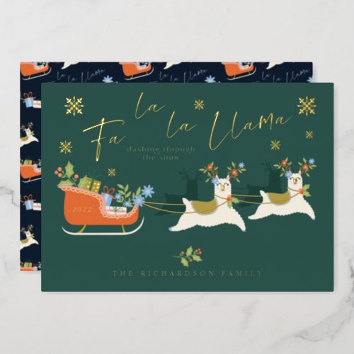 Fa La La Christmas Llama Reindeers  Sleigh Gifts Foil Holiday Card