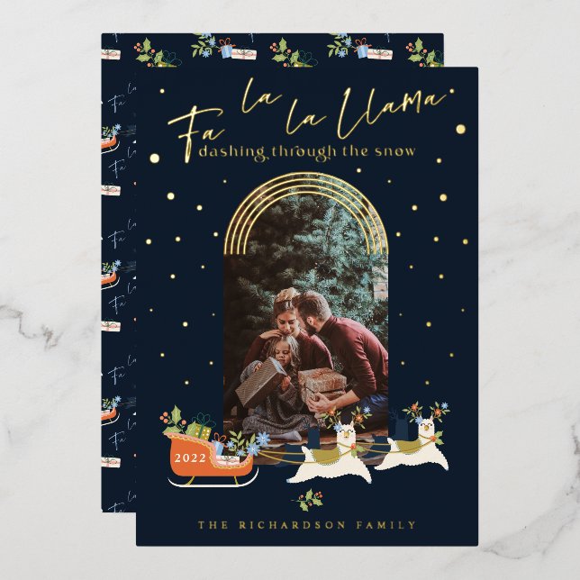 Fa La La Christmas Llama Reindeers & Sleigh Photo Foil Holiday Card (Front/Back)