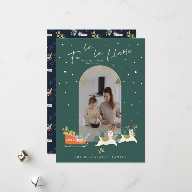 Fa La La Christmas Llama Reindeers & Sleigh Photo Holiday Card (Front/Back In Situ)