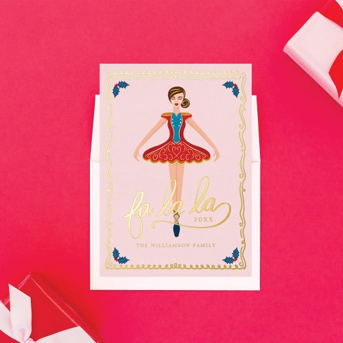 Fa La La Christmas Nutcracker Ballet Dancer Pink Foil Holiday Card