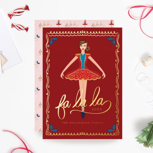 Fa La La Christmas Nutcracker Ballet Dancer Red Foil Holiday Card