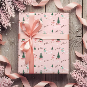 Fa La La Cute Pink Elf Ice Skating Girly Wrapping Paper
