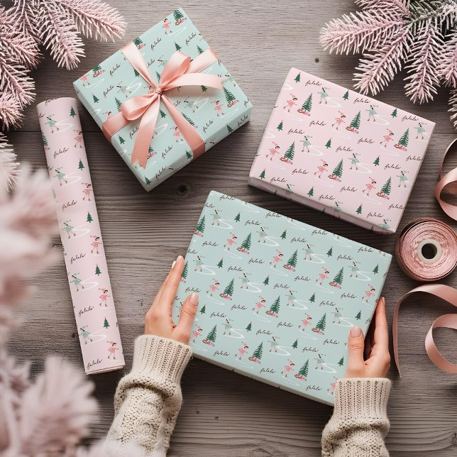 Fa La La Cute Pink Elf Ice Skating Girly Wrapping  Paper Sheets (Fa La La Cute Pink Elf Ice Skating Girly Wrapping Wrapping Paper Sheets)