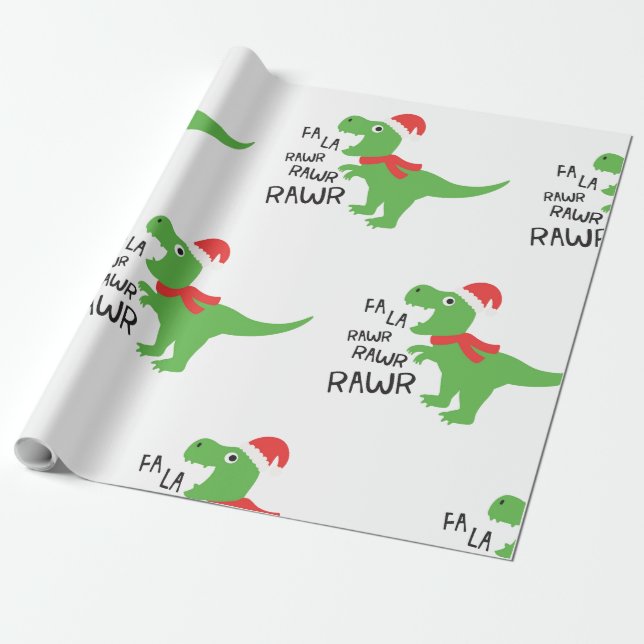 FA LA LA DINASOUR IN A SANTA HAT WRAPPING PAPER (Unrolled)