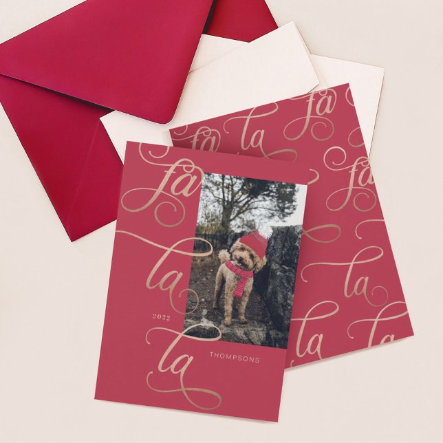 Fa La La Elegant Rose Gold Calligraphy Dog Scarf Holiday Card (Creator Uploaded)