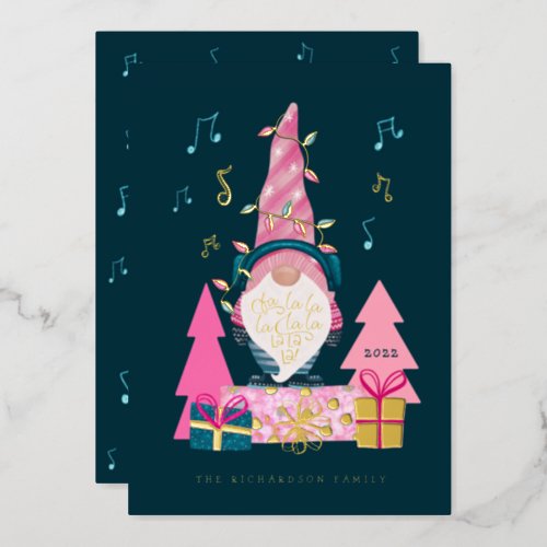 Fa La La Fun Bright Christmas Carolling Gnome Foil Holiday Card