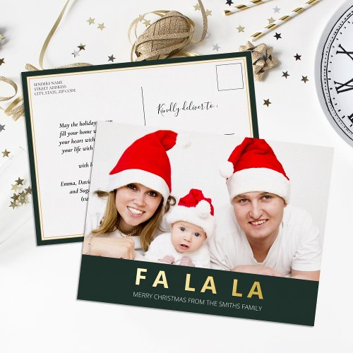 Fa La La Green Gold Modern Christmas Photo Foil Holiday Postcard