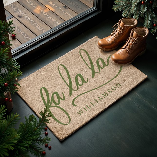 Fa La La Green Script Modern Minimal Family Name Fiber Doormat (Fa La La Green Script Modern Minimal Family Name Doormat)