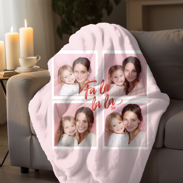Fa La La La Blush Pink Christmas Photo Collage  Fleece Blanket (Creator Uploaded)