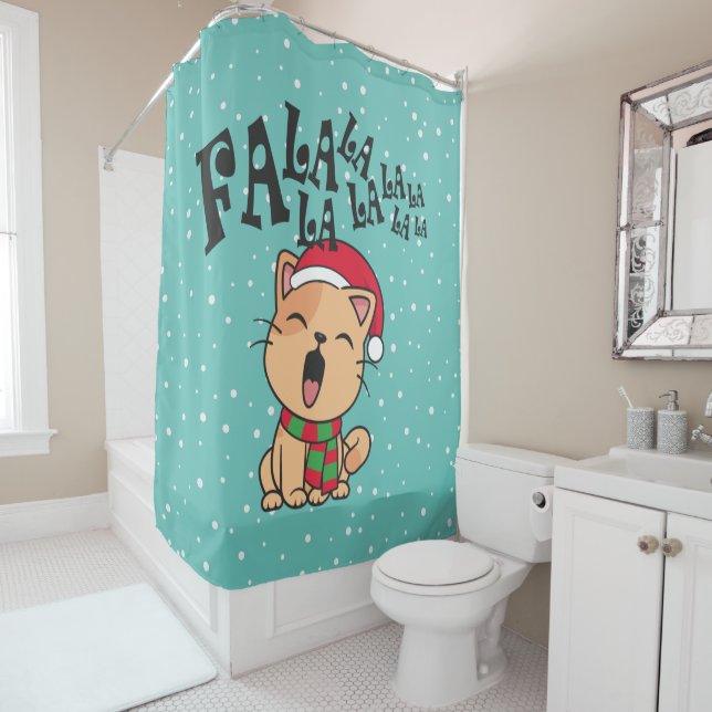 Fa La La La Christmas Cat Singing Shower Curtain (In Situ)
