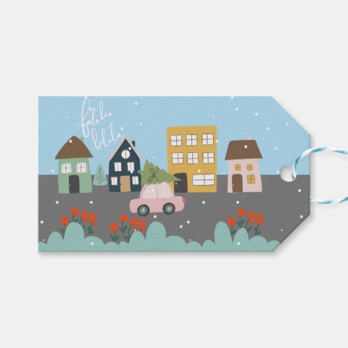 Fa la la la Cute Town Christmas Tree on Pink Car Gift Tags