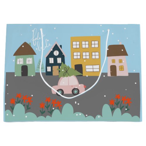 Fa la la la Cute Town Christmas Tree on Pink Car Large Gift Bag