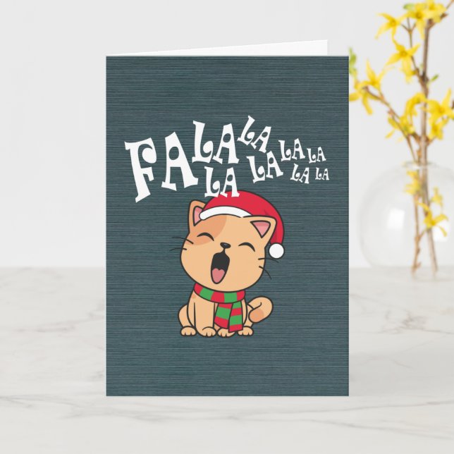 Fa La La La La Christmas Cat Singing Greeting Card (Yellow Flower)