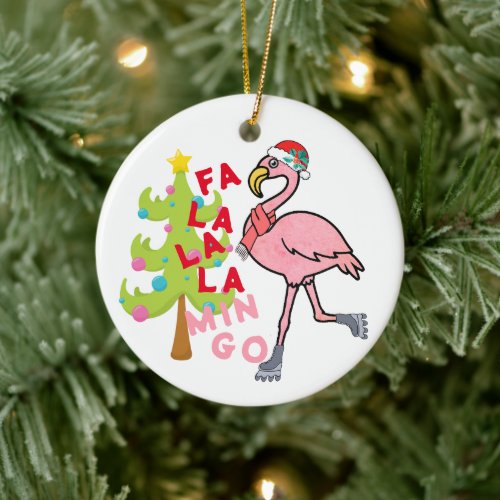 FA LA LA LA MINGO Funny Pink Flamingo Christmas Ceramic Ornament