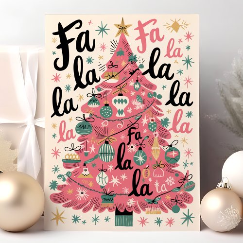 Fa La La La Pink Retro Christmas Tree Holiday Card