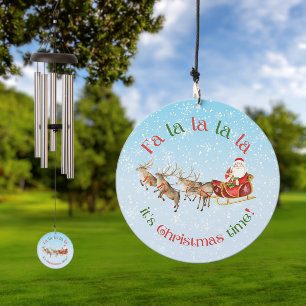 fa la la la, santa with reindeers snowy christmas wind chime