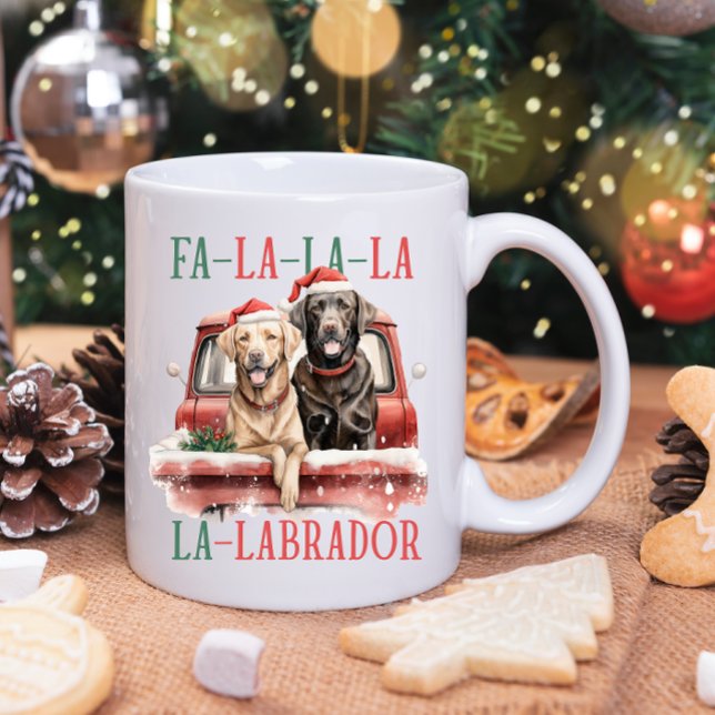 FA LA LA LABRADOR DOG RED TRUCK FURRY CHRISTMAS COFFEE MUG (FA LA LA LA LABRADOR GOLDEN RETRIEVER IN SANTA HAT ON A VINTAGE WATERCOLOR RED TRUCK. )