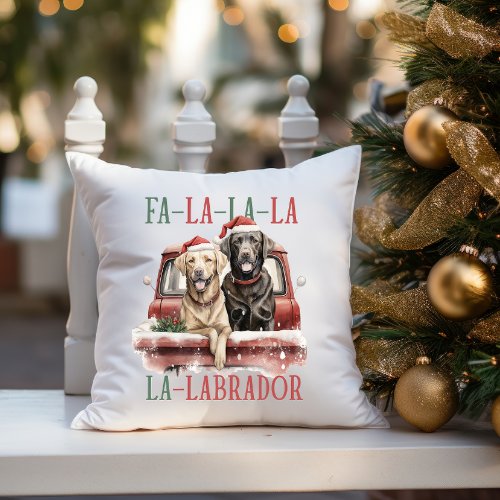 FA LA LA LABRADOR DOG RED TRUCK FURRY CHRISTMAS THROW PILLOW