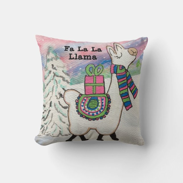 Fa La La Llama Cute Girly Christmas Throw Pillow (Front)