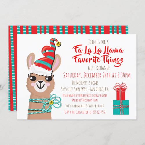 Fa la la Llama Favorite Things Gift exchange Invitation