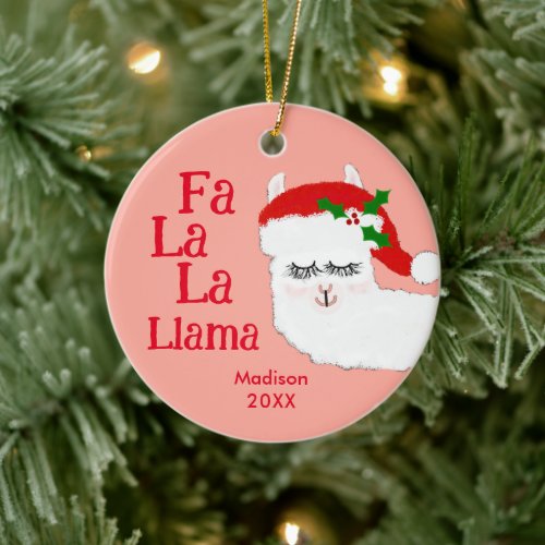 Fa La La Llama Funny Christmas Quote Pink KIds Ceramic Ornament