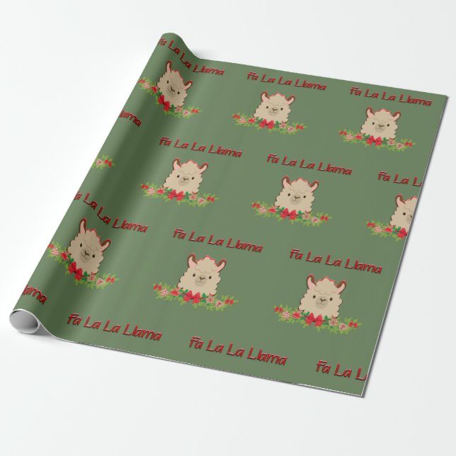 Fa La La Llama on Green Wrapping Paper (Unrolled)