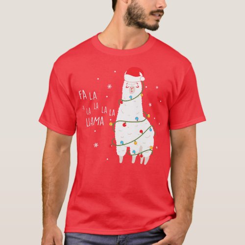 Fa La La Llama Santa Hat Wrapped in Christmas Ligh T_Shirt
